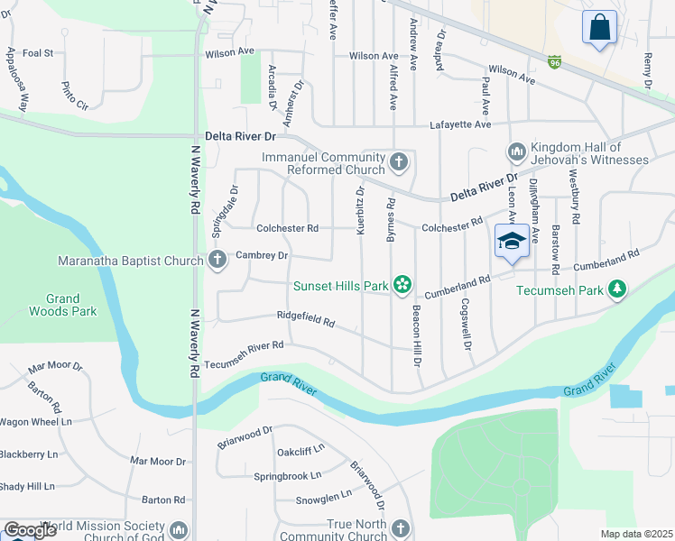 map of restaurants, bars, coffee shops, grocery stores, and more near 3320 Aragon Drive in Lansing