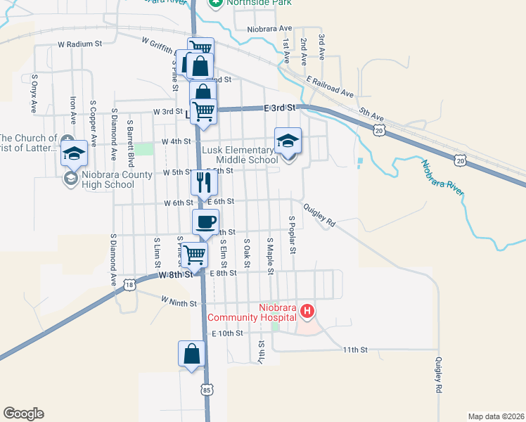 map of restaurants, bars, coffee shops, grocery stores, and more near South Maple Street in Lusk