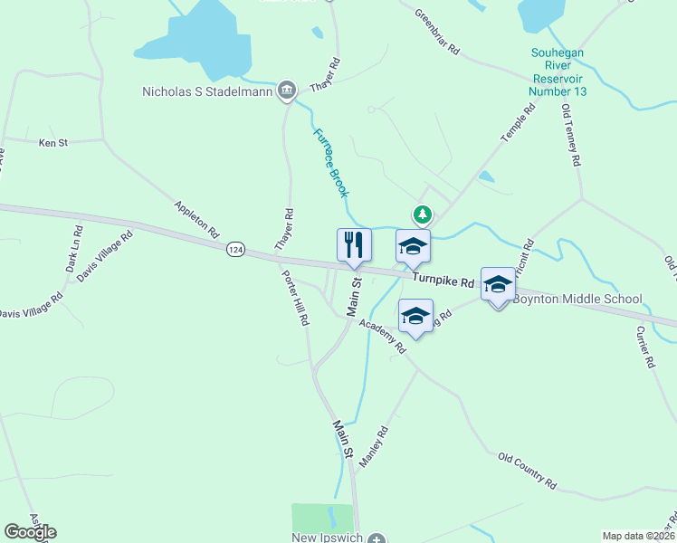 map of restaurants, bars, coffee shops, grocery stores, and more near 11 Main Street in New Ipswich