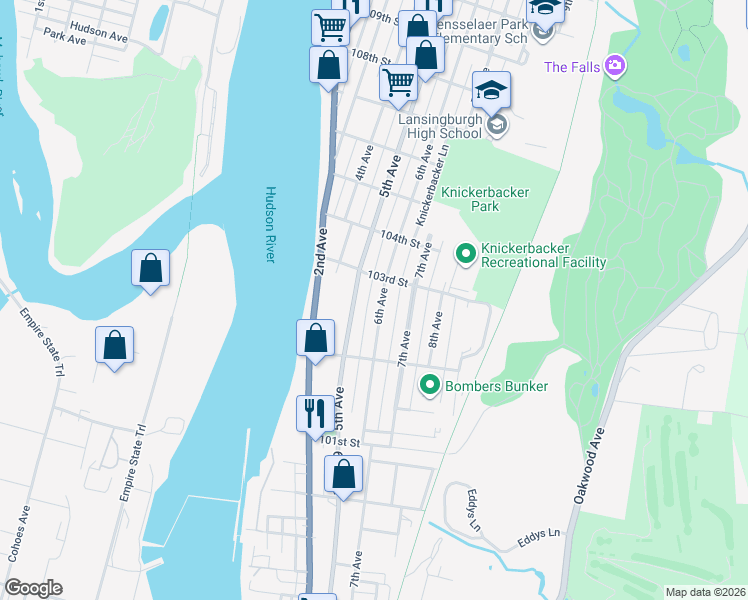 map of restaurants, bars, coffee shops, grocery stores, and more near 141 6th Avenue in Troy