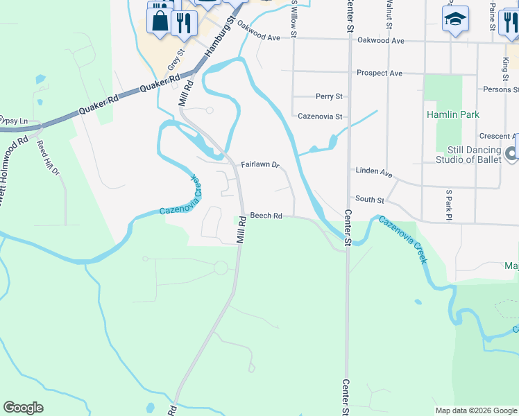 map of restaurants, bars, coffee shops, grocery stores, and more near 111 Beech Road in East Aurora