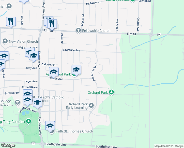 map of restaurants, bars, coffee shops, grocery stores, and more near Peach Tree Boulevard in Saint Thomas