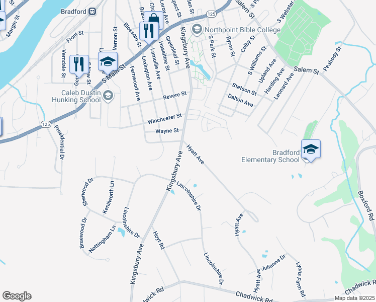 map of restaurants, bars, coffee shops, grocery stores, and more near 148 Kingsbury Avenue in Haverhill