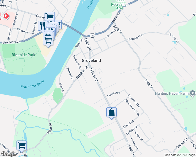 map of restaurants, bars, coffee shops, grocery stores, and more near 65 Massachusetts 97 in Groveland
