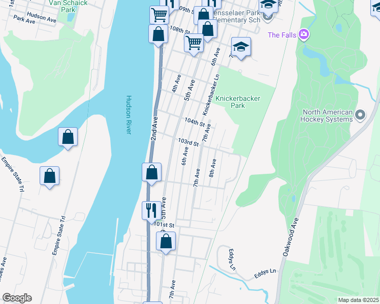 map of restaurants, bars, coffee shops, grocery stores, and more near 155 7th Avenue in Troy