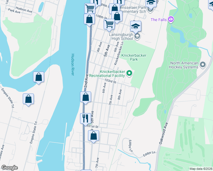 map of restaurants, bars, coffee shops, grocery stores, and more near 155 7th Avenue in Troy