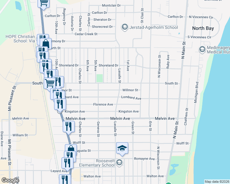 map of restaurants, bars, coffee shops, grocery stores, and more near 901 Lombard Avenue in Racine