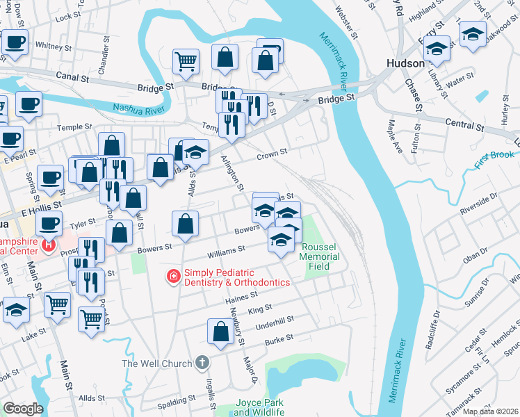 map of restaurants, bars, coffee shops, grocery stores, and more near 108 Bowers Street in Nashua