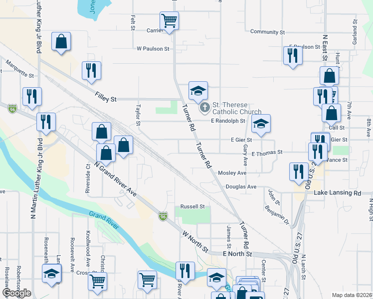map of restaurants, bars, coffee shops, grocery stores, and more near 239 West Thomas Street in Lansing
