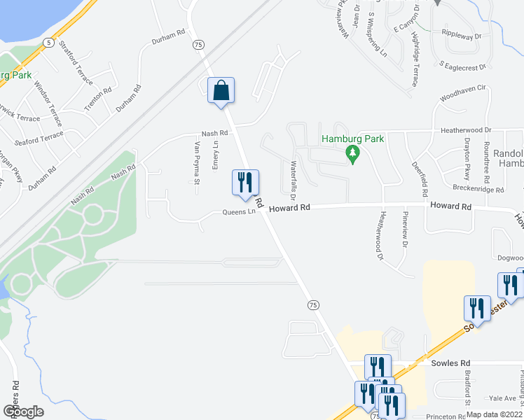 map of restaurants, bars, coffee shops, grocery stores, and more near Camp Road & Howard Road in Hamburg