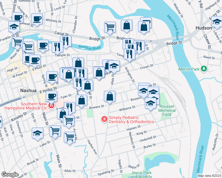 map of restaurants, bars, coffee shops, grocery stores, and more near Allds St & Heon Ct in Nashua