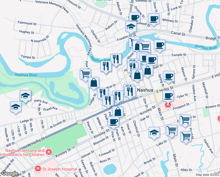 map of restaurants, bars, coffee shops, grocery stores, and more near 26 Myrtle Street in Nashua