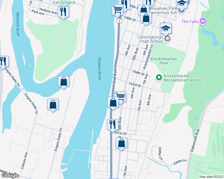 map of restaurants, bars, coffee shops, grocery stores, and more near 153 2nd Avenue in Troy