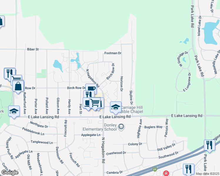 map of restaurants, bars, coffee shops, grocery stores, and more near 6128 Coach House Drive in East Lansing