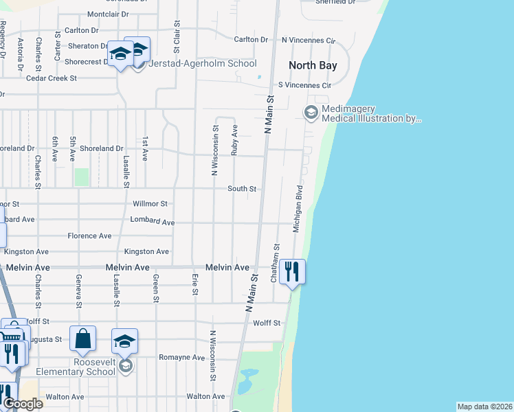 map of restaurants, bars, coffee shops, grocery stores, and more near in Racine