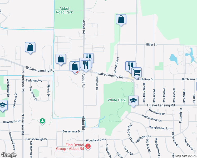 map of restaurants, bars, coffee shops, grocery stores, and more near in East Lansing