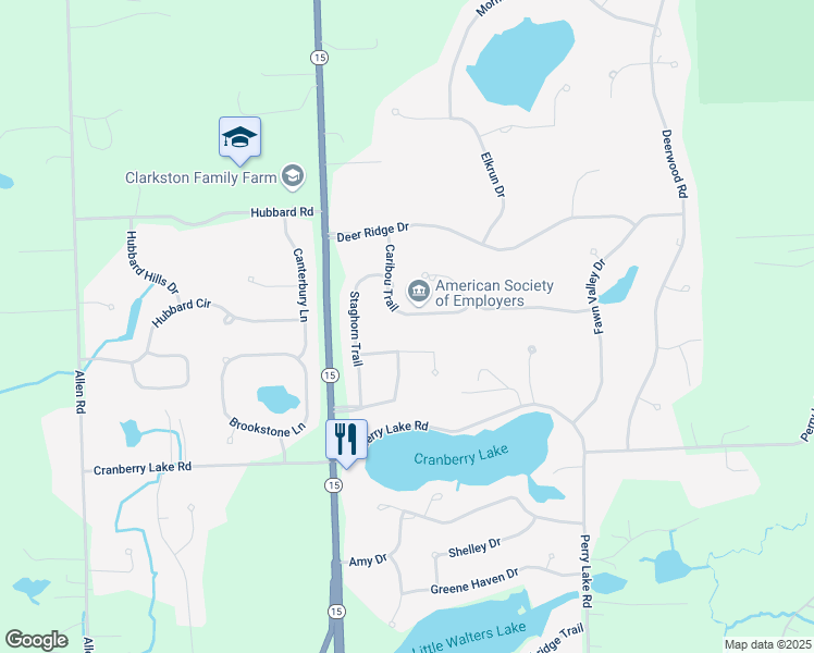 map of restaurants, bars, coffee shops, grocery stores, and more near 8248 Caribou Trail in Clarkston