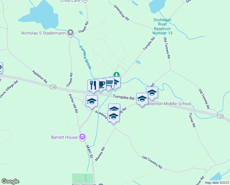 map of restaurants, bars, coffee shops, grocery stores, and more near 571 Turnpike Road in New Ipswich
