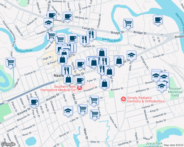 map of restaurants, bars, coffee shops, grocery stores, and more near 38c East Hollis Street in Nashua