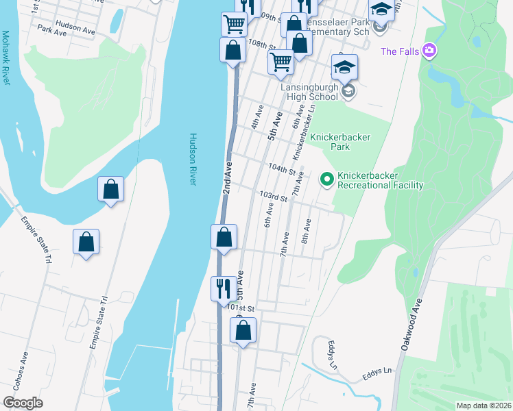 map of restaurants, bars, coffee shops, grocery stores, and more near 190 5th Avenue in Troy