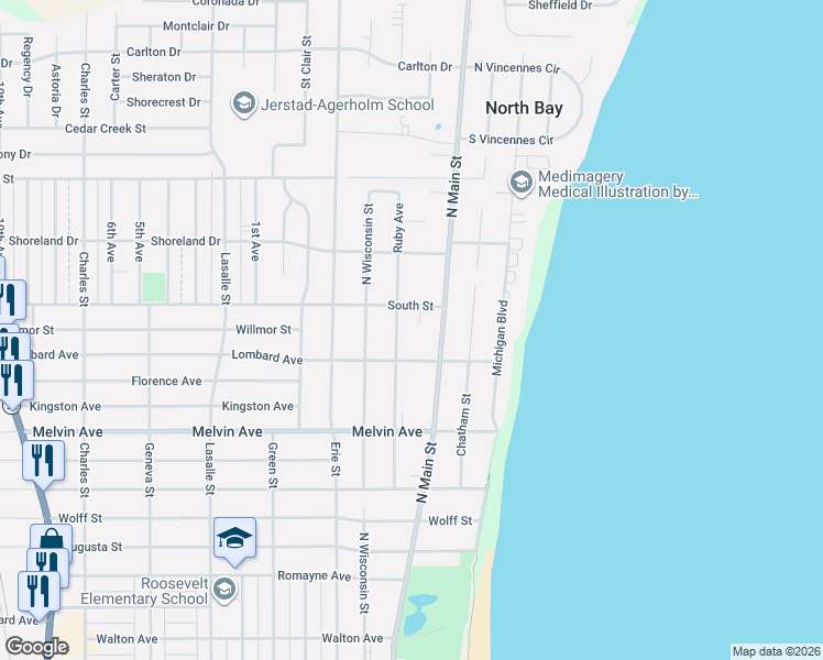 map of restaurants, bars, coffee shops, grocery stores, and more near 439 South Street in Racine