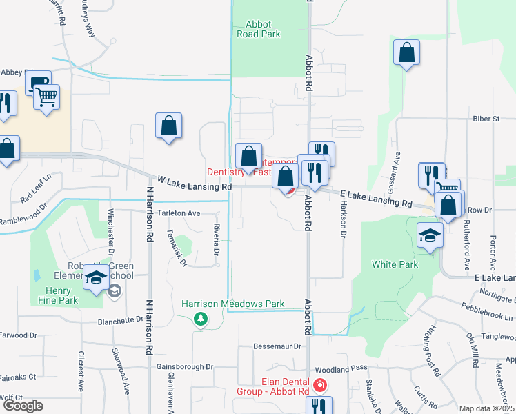 map of restaurants, bars, coffee shops, grocery stores, and more near 325 West Lake Lansing Road in East Lansing