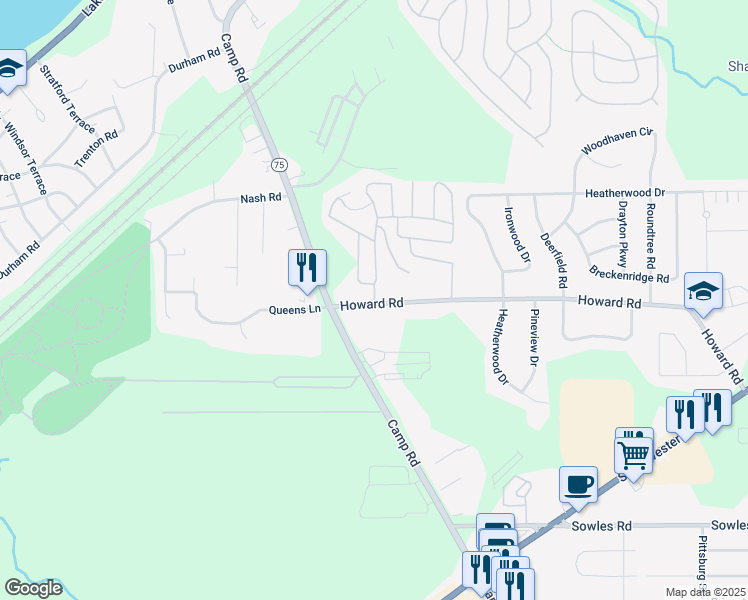 map of restaurants, bars, coffee shops, grocery stores, and more near 3450 Howard Road in Hamburg