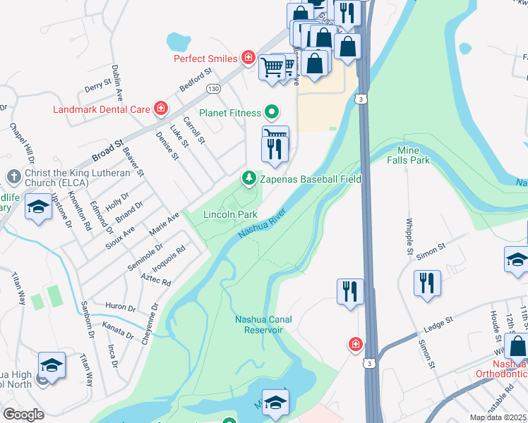 map of restaurants, bars, coffee shops, grocery stores, and more near 120 Coliseum Avenue in Nashua