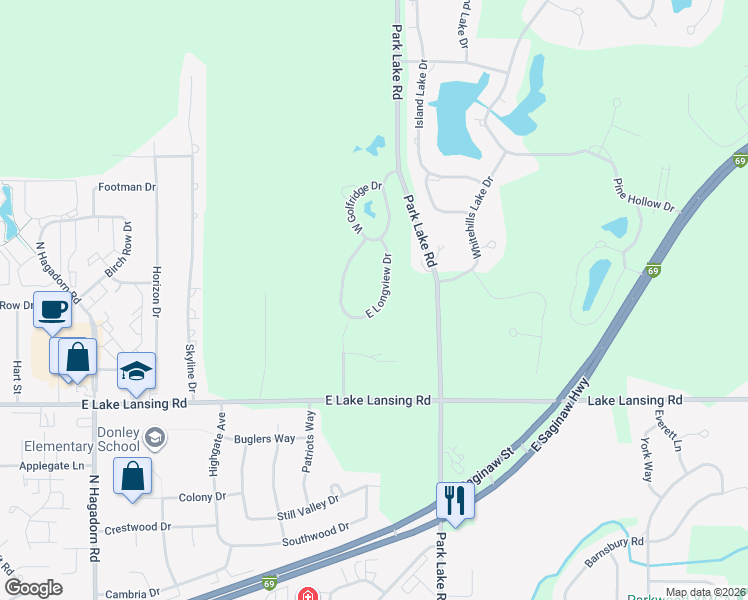 map of restaurants, bars, coffee shops, grocery stores, and more near 6131 East Longview Drive in East Lansing