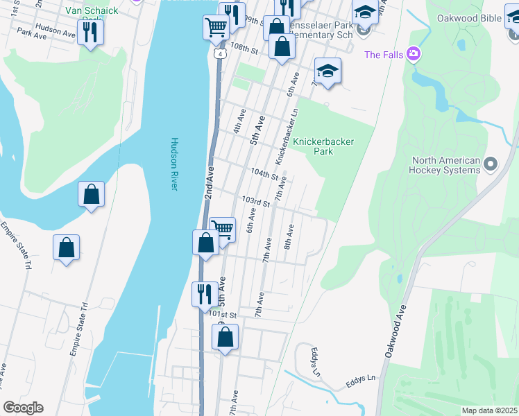 map of restaurants, bars, coffee shops, grocery stores, and more near 182 6th Avenue in Troy