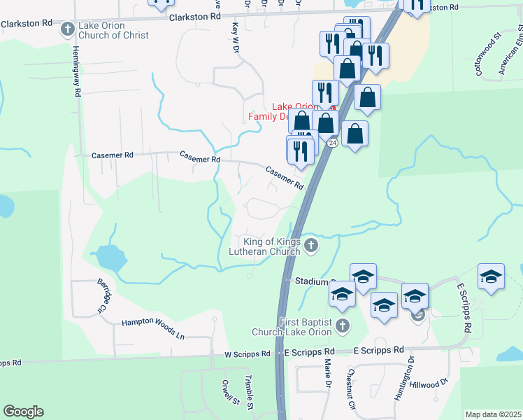 map of restaurants, bars, coffee shops, grocery stores, and more near 126 Stratford Lane in Orion charter Township