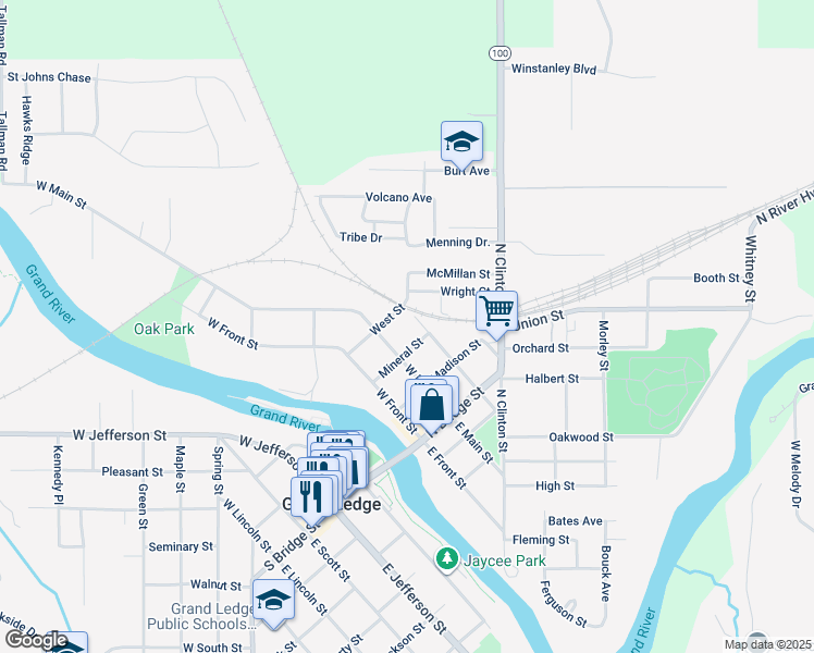 map of restaurants, bars, coffee shops, grocery stores, and more near 323 West Street in Grand Ledge