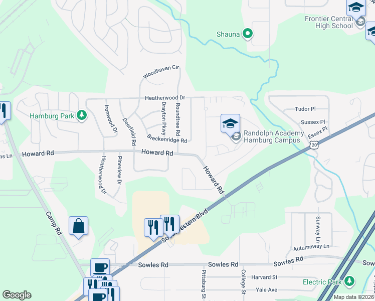 map of restaurants, bars, coffee shops, grocery stores, and more near 3687 Breckenridge Road in Hamburg