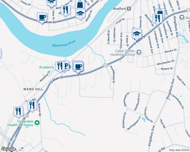 map of restaurants, bars, coffee shops, grocery stores, and more near 7 Myles Standish Drive in Haverhill