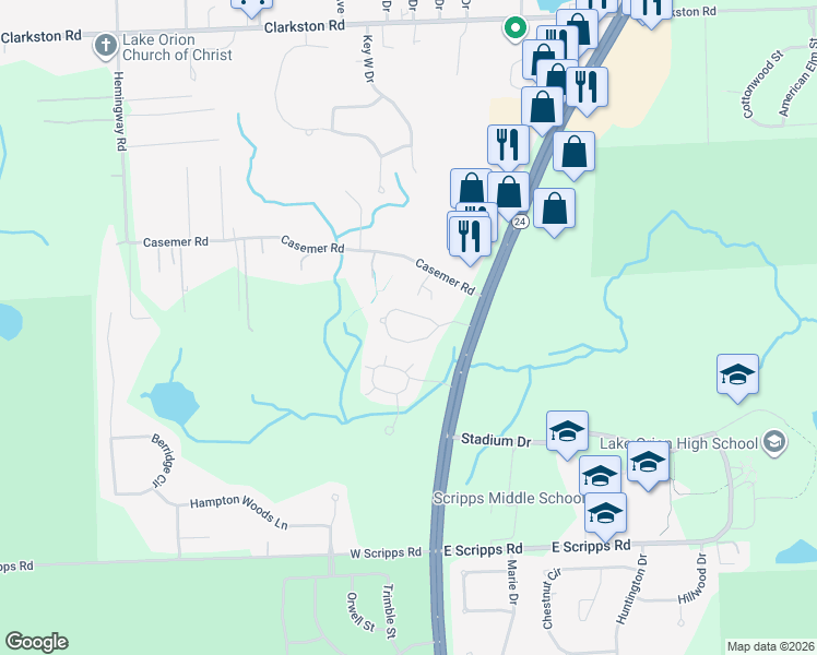 map of restaurants, bars, coffee shops, grocery stores, and more near 126 Stratford Lane in Orion charter Township