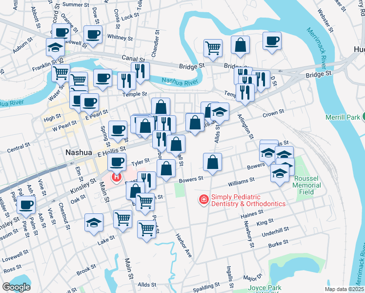 map of restaurants, bars, coffee shops, grocery stores, and more near 12 Marshall Street in Nashua