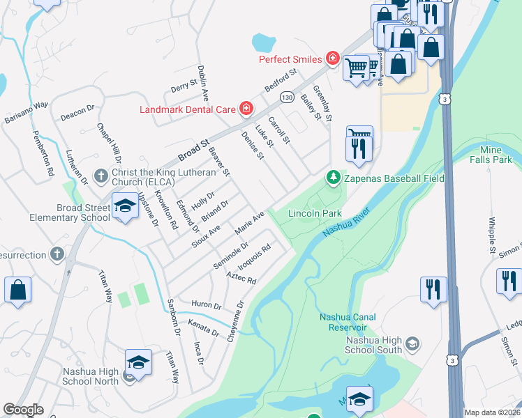 map of restaurants, bars, coffee shops, grocery stores, and more near 9 Beaver Street in Nashua