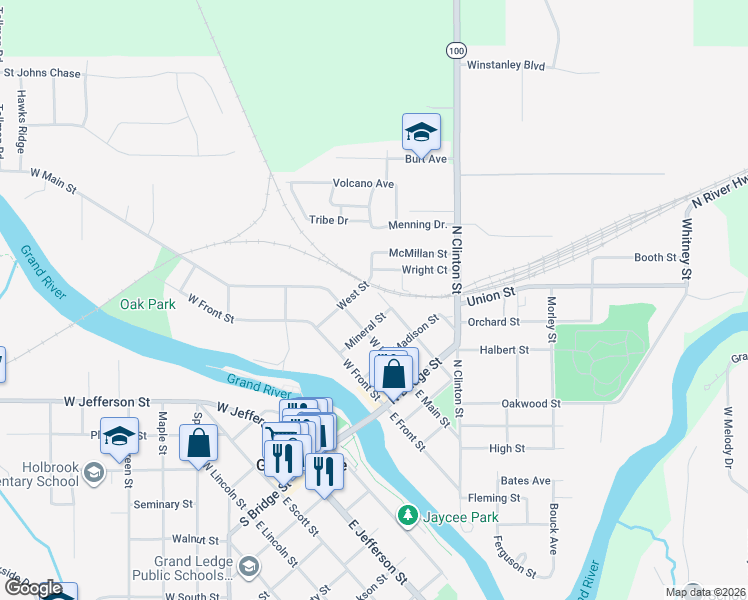 map of restaurants, bars, coffee shops, grocery stores, and more near 401 Wright Court in Grand Ledge