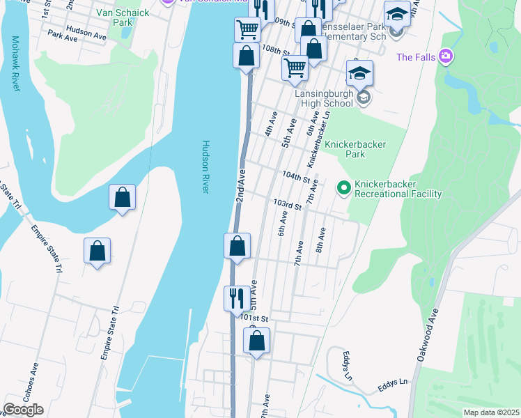map of restaurants, bars, coffee shops, grocery stores, and more near 172 2nd Avenue in Troy