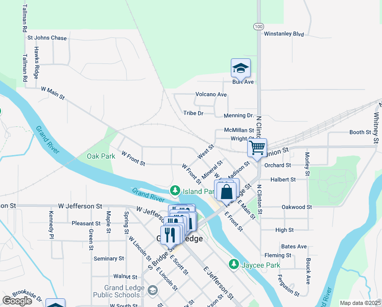 map of restaurants, bars, coffee shops, grocery stores, and more near 431 West Main Street in Grand Ledge