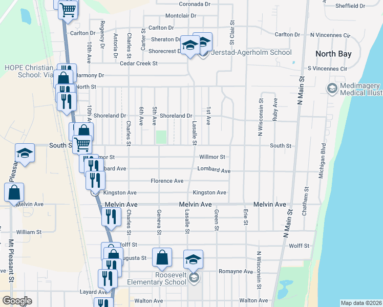 map of restaurants, bars, coffee shops, grocery stores, and more near 913 South Street in Racine