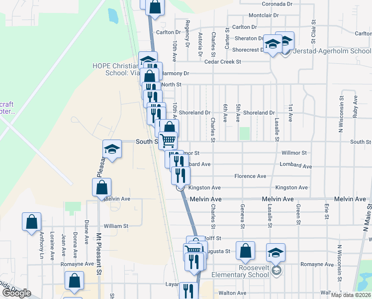 map of restaurants, bars, coffee shops, grocery stores, and more near 1515 South Street in Racine