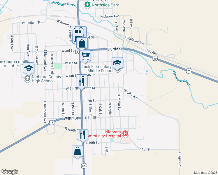map of restaurants, bars, coffee shops, grocery stores, and more near South Maple Street in Lusk