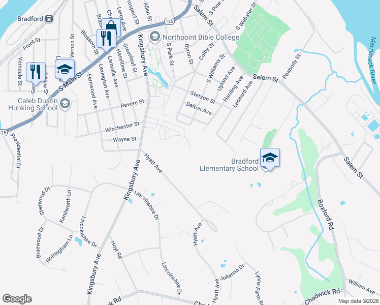 map of restaurants, bars, coffee shops, grocery stores, and more near 12 Bicknell Circle in Haverhill