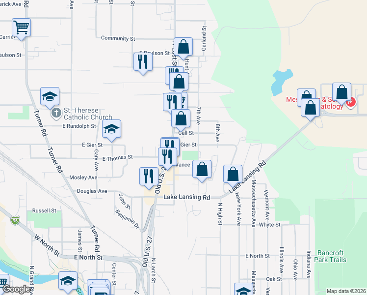 map of restaurants, bars, coffee shops, grocery stores, and more near 727 East Gier Street in Lansing