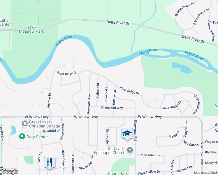 map of restaurants, bars, coffee shops, grocery stores, and more near 2239 Boxwood Lane in Lansing