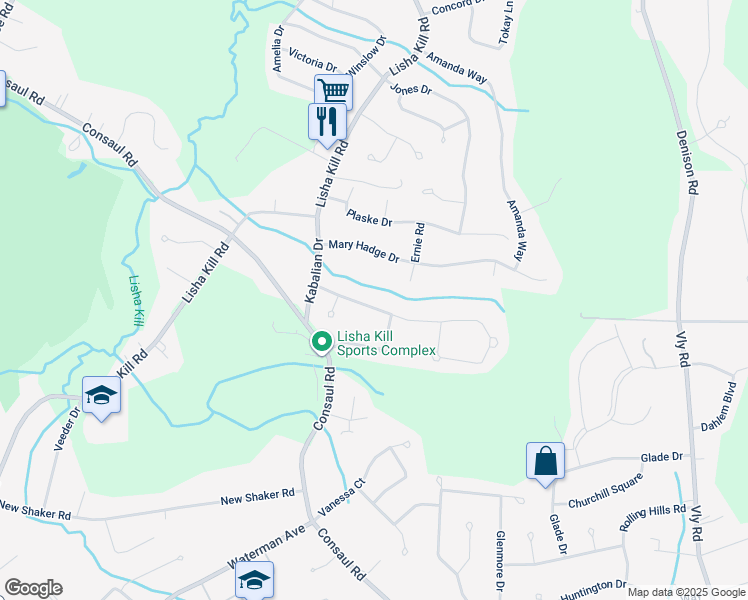 map of restaurants, bars, coffee shops, grocery stores, and more near 16 Shinnecock Hills Drive in Albany