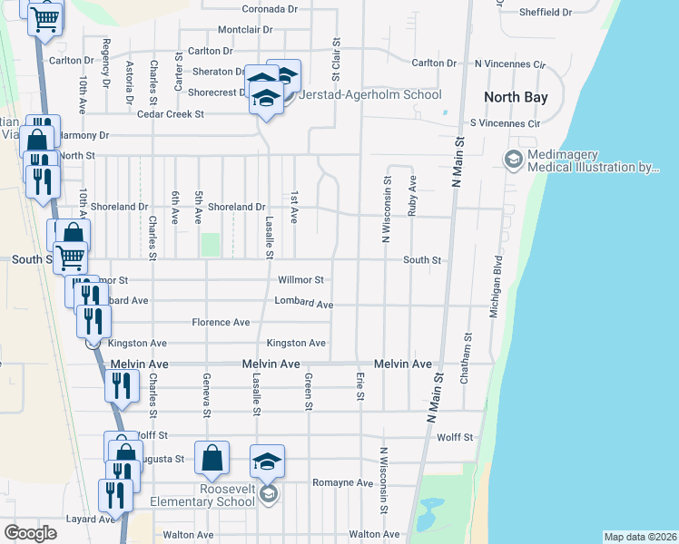 map of restaurants, bars, coffee shops, grocery stores, and more near 601 South Street in Racine