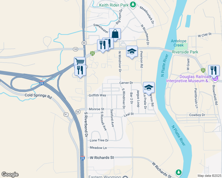 map of restaurants, bars, coffee shops, grocery stores, and more near 1200 Griffith Way in Douglas