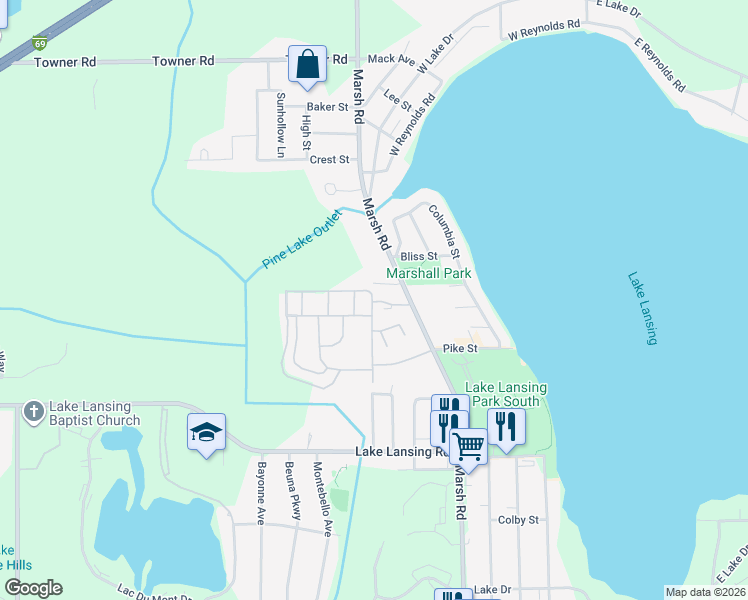map of restaurants, bars, coffee shops, grocery stores, and more near 6109 Marsh Road in Haslett